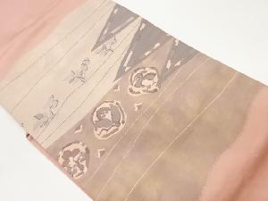 変わり横段に抽象花鳥模様織出し名古屋帯